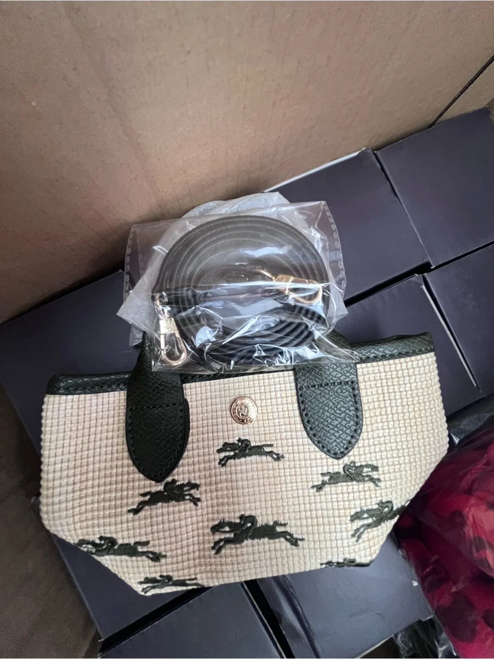 Longchamp Le Panier Green Trim Woven Mini Tote Leaping Horse Motif basket bag